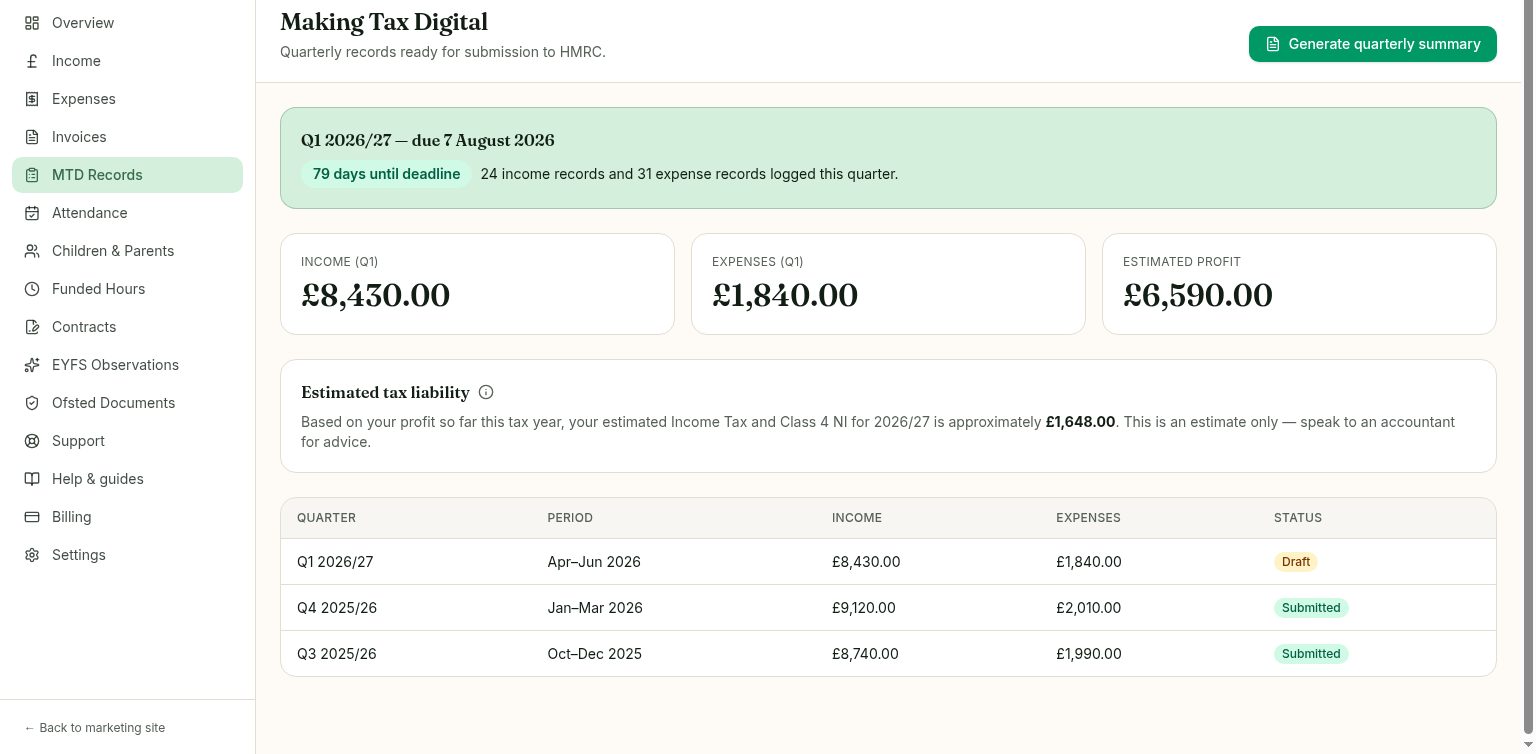 Making Tax Digital quarterly summary with HMRC-ready income and expense totals